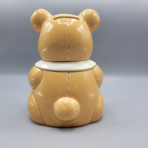 Vintage Lefton Geo Z. Teddy Bear Money Bank Light Brown Blue Bow Ceramic - Picture 7 of 13